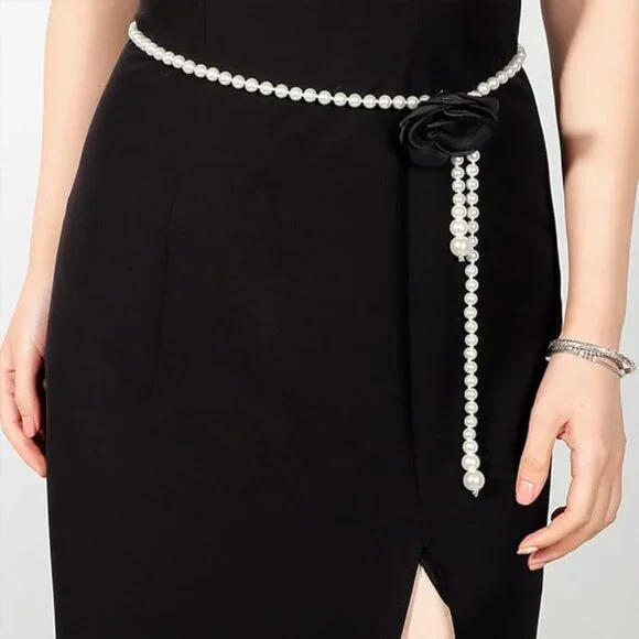 New White Pearl Beaded Black Flower Belt - Picture 5 of 7